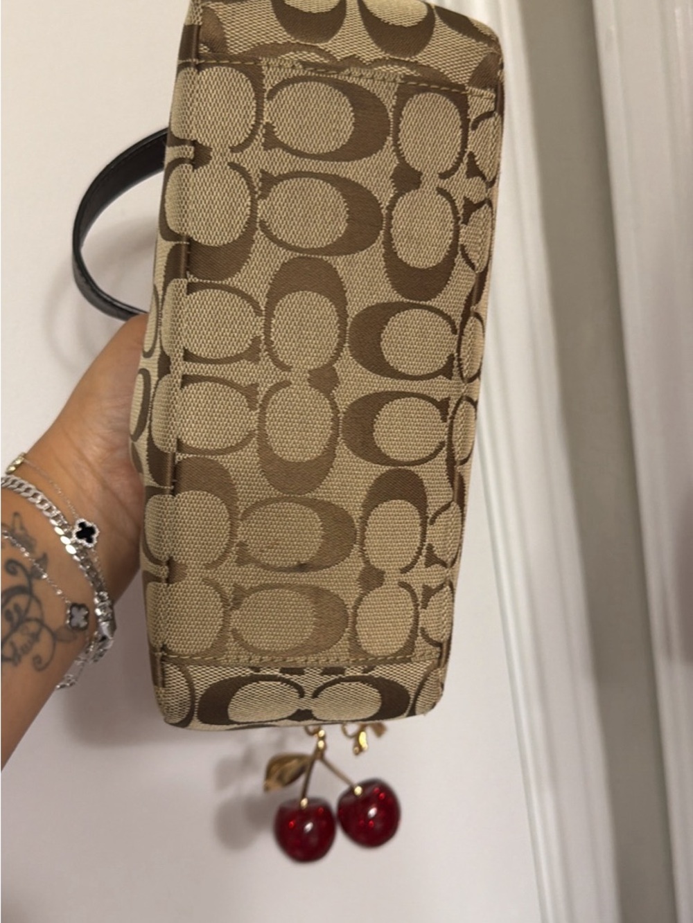 Coach Tan Signature Canvas Shoulder Bag with Red Cherry Charm - Picture 5 of 7